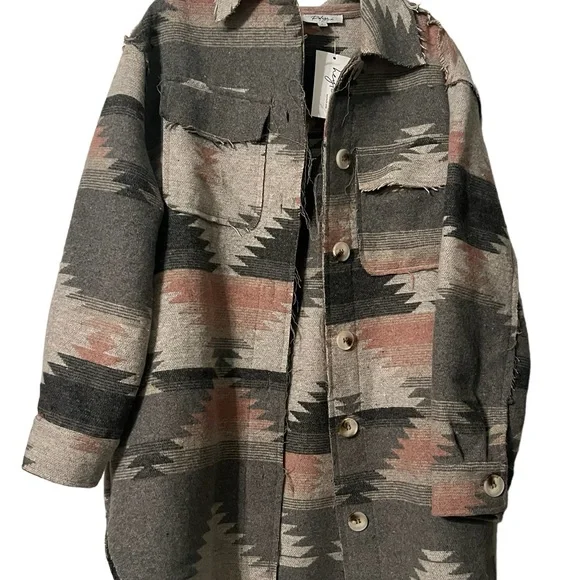 Grey and Pink Aztec Button Up Jacket Women’s - Picture 2 of 10